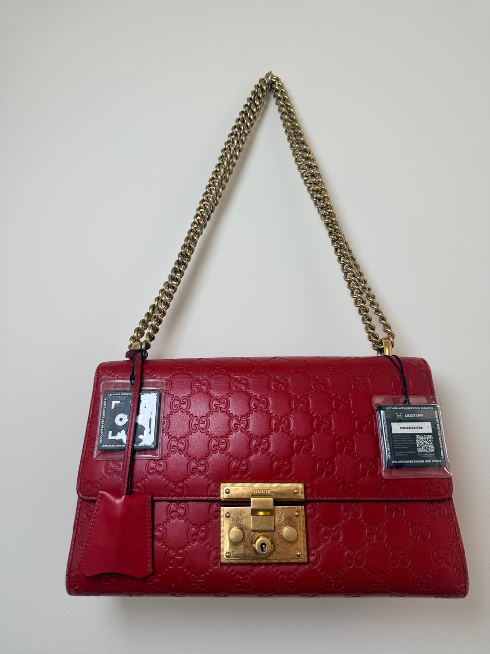 GUCCI ✨ RED LEATHER LARGE PADLOCK CHAIN SHOULDER BAG - Picture 15 of 16